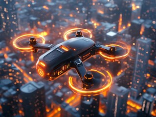 Hovering Drone with Glowing Orange Interface in Urban Setting