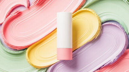 A product photography shot of a white and pink cylindrical tube of skincare product against a textured pastel background