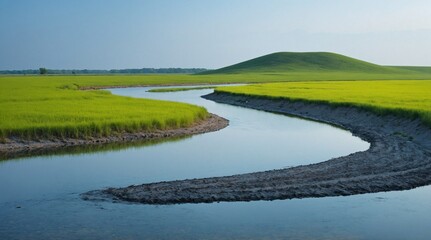 Minimalist River Bend Through Pale Green Field