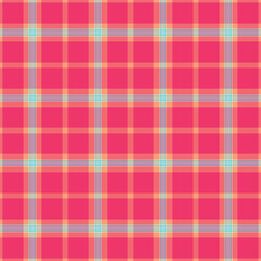 Vibrant plaid pattern. Pink backdrop with intersecting colorful lines creating a checkered design. Great for backgrounds, textiles, or creative projects.
