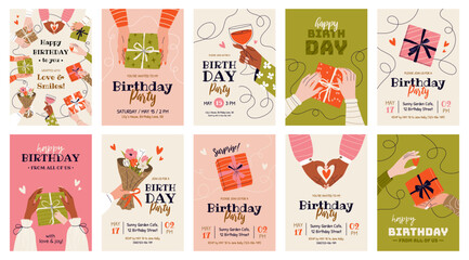 Set of 10 birthday greeting cards and party invitations. Festive vertical templates for celebrating an anniversary with text and wishes. Female hands holding gift boxes, bouquet of flowers, wineglass.