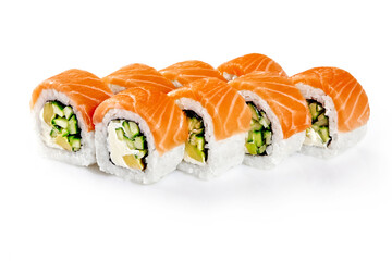 Philadelphia uramaki sushi rolls with salmon, cream cheese, cucumber and avocado filling on white...