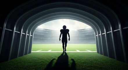 American Football Player Entering Stadium Tunnel - Ready for the Game, Determined Silhouette Walking Out, Sports and Competition Concept, Dark Tunnel Background, Spotlight