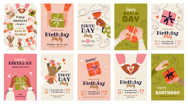 Set of 10 birthday greeting cards and party invitations. Festive vertical templates for celebrating an anniversary with text and wishes. Female hands holding gift boxes, bouquet of flowers, wineglass.