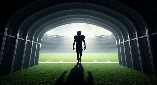 American Football Player Entering Stadium Tunnel - Ready for the Game, Determined Silhouette Walking Out, Sports and Competition Concept, Dark Tunnel Background, Spotlight