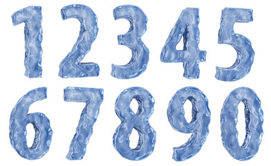 Set of numbers made of glossy ice. 3d illustration transparent background