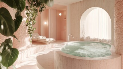 spa center, pink marble and light wood, green leaves.