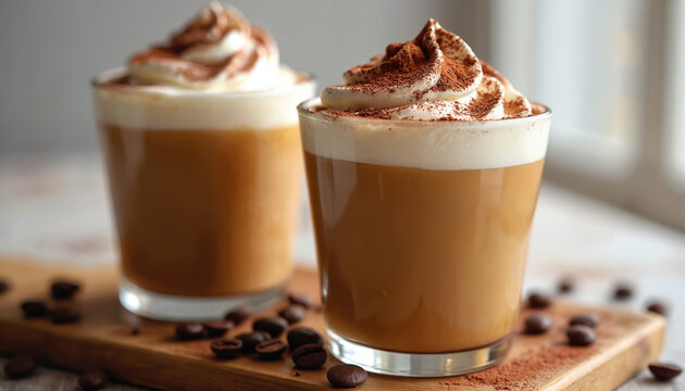 Tall glasses nitro cold brew coffee with whipped cream cocoa powder topping. Beverage served on wooden board with coffee beans. Coffee shop style drinks, morning refreshing treat.