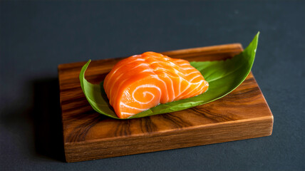 A professional food photography composition featuring a slice of fresh salmon sashimi on a dark wooden cutting board against a black background
