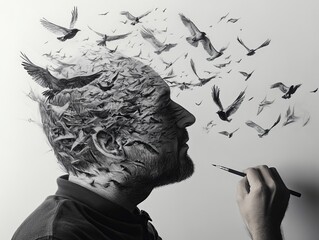 Man Transforming into Birds While Drawing