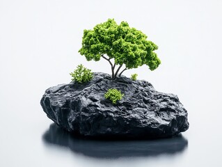 Miniature Volcanic Island with Green Trees on Black Rock