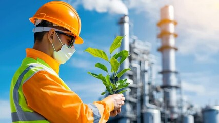 Environmental engineer orange safety uniform, helmet, and mask inspects green plant industrial factory, symbolizing sustainable industry, environmental protection, and eco friendly practices plant - Powered by Adobe