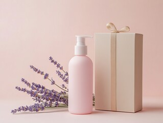 Minimal Pink Skincare Bottle with Lavender and Gift Box
