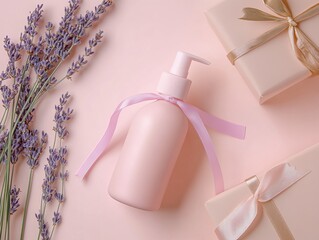 Minimal Pink Skincare Bottle with Lavender and Gift Box