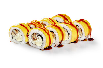 Close-up of uramaki sushi rolls with cheese, fish and teriyaki sauce on white background