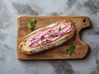 Minimalist Flatlay of Toasted Baguette with Pink Spread on Wooden Board