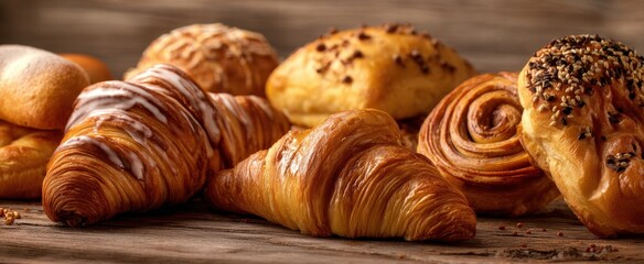 The assortment of freshly baked pastries on a rustic wooden table.