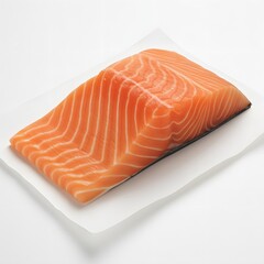 Fresh raw salmon fillet on parchment paper isolated on white