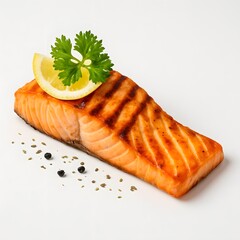 Grilled salmon fillet with lemon and herbs on white background