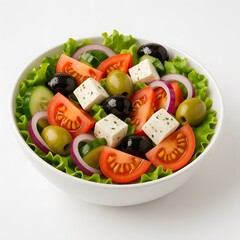 Greek salad with feta cheese and olives on white background