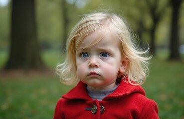 Serious baby girl in red coat close-up portrait outdoor. Caucasian blond child with blue eyes looks at viewer. Little girl with serious expression in park.