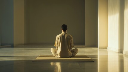 man praying in room before sunrise,