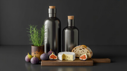 Still life oil painting featuring fresh bread, cheese, and a bottle of red wine with healthy green vegetables and olive oil