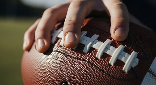 Close-Up of Hand Gripping American Football Ball Preparation and Focus for the Game Athleticism and Strength Sportsman Training Concept - Powered by Adobe