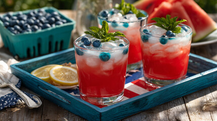 Patriotic Watermelon Lemonades with Red, White and Blue Icing on Tray Beneath Maple Tree in Morning Sunlight – 4th of July Celebration