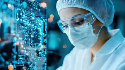 Scientist laboratory technology circuit innovation research digital mask safety futuristic scene with scientist protective gear examining advanced digital circuit board high tech laboratory - Powered by Adobe