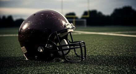 Fototapeta premium Football Helmet on Field Shows Determination and Grit in Sports Depicting the Spirit of American Football with Patriotism and National Pride