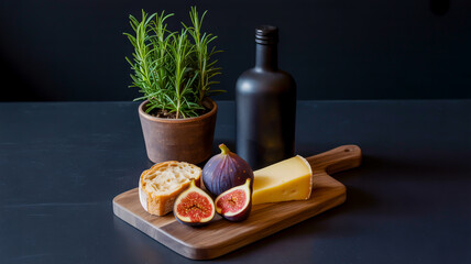 Still life oil painting featuring fresh bread, cheese, and a bottle of red wine with healthy green vegetables and olive oil