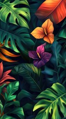 Flowers and foliage background. Tropical leaves and colorful flowers on dark foliage nature background.