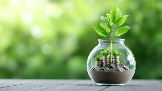 Glass jar with soil, coins, and green plant growing, symbolizing money, financial growth, investment, savings, finance, and eco friendly economy, with hopeful atmosphere and focus on green investment.