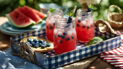 Patriotic Watermelon Lemonades with Red, White and Blue Icing on Tray Beneath Maple Tree in Morning Sunlight – 4th of July Celebration