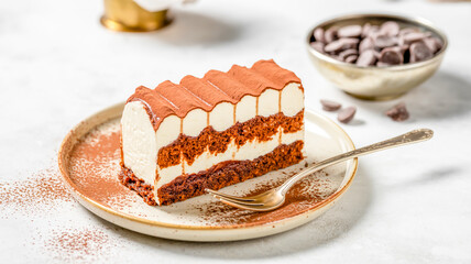 A professional food photography shot of a slice of tiramisu cake on a speckled beige ceramic plate.