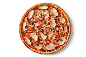Delicious pizza with chicken, mushrooms, and red onions on white background