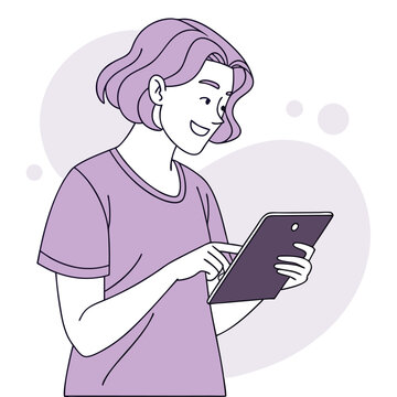 woman using tablet, purple, smiling clip art preview