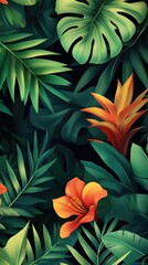 Flowers and foliage background. Tropical leaves and colorful flowers on dark foliage nature background.