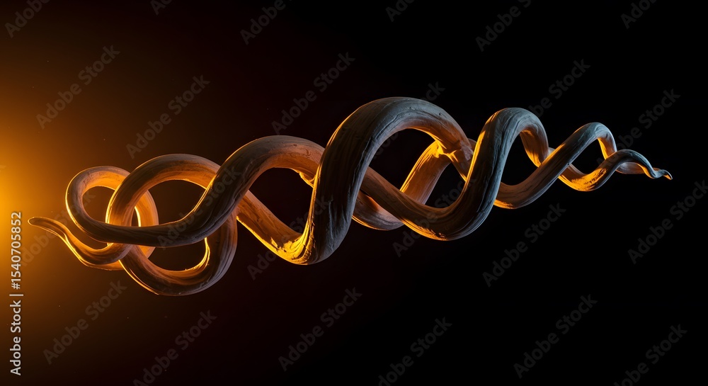Poster abstract spiral design 3d render: intricate twisted form in dark background with warm lighting