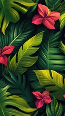 Naklejka premium Flowers and foliage background. Tropical leaves and colorful flowers on dark foliage nature background.