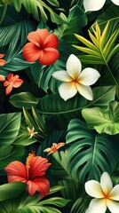 Fototapeta premium Flowers and foliage background. Tropical leaves and colorful flowers on dark foliage nature background.