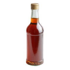 A glass bottle filled with dark liquid, featuring a golden cap, isolated on a white background for clarity and focus on the product.