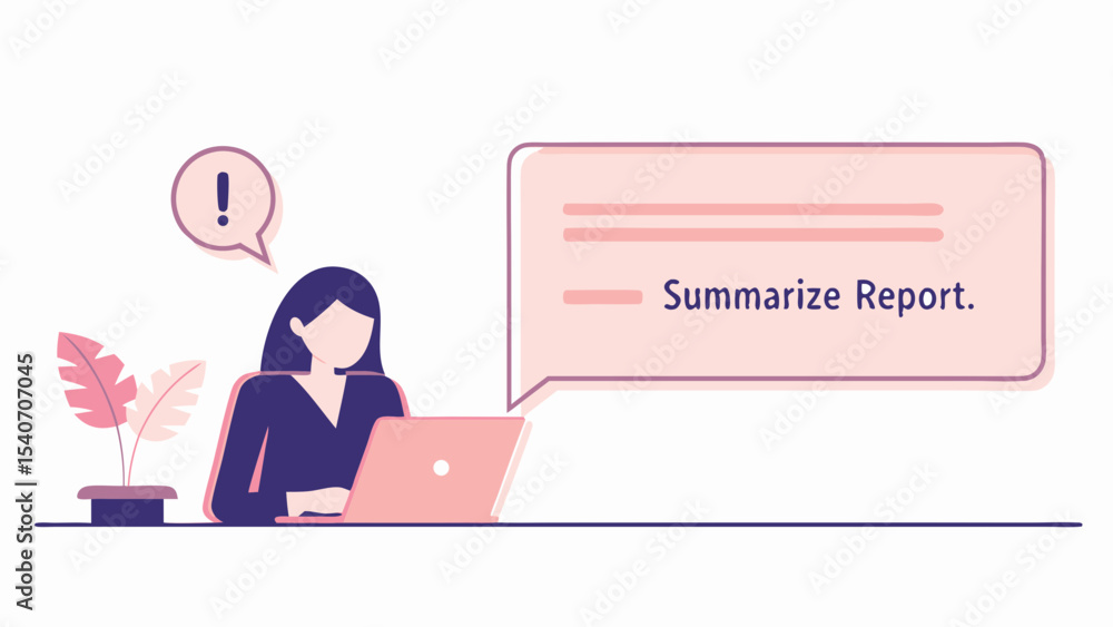 Poster illustration of a woman using a laptop with a summarize report message and an alert notification