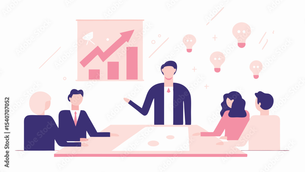 Poster business presentation with team discussing growth chart and brainstorming ideas in a meeting room se
