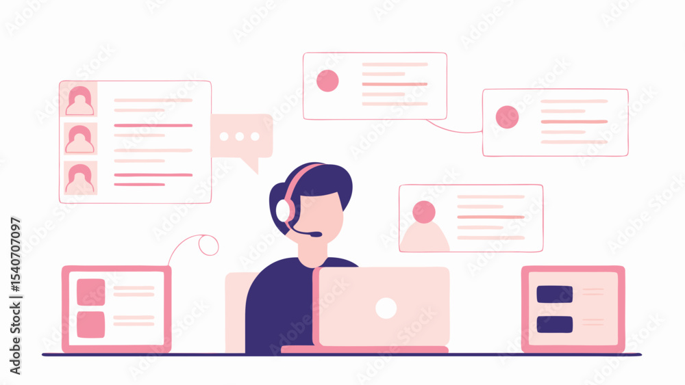 Poster illustration of a customer service representative working with a laptop and several interfaces
