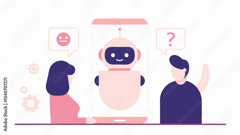 Poster people interacting with a chatbot on a mobile device with speech bubbles and gears around it