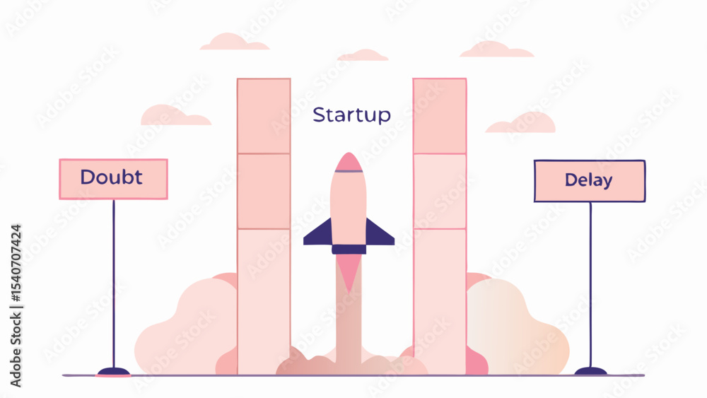 Poster startup rocket launching between building blocks with doubt and delay signs on the sides in illustra