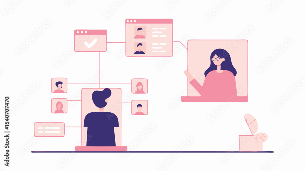Poster illustration of a virtual meeting with a team hierarchy and online collaboration tools displayed onl