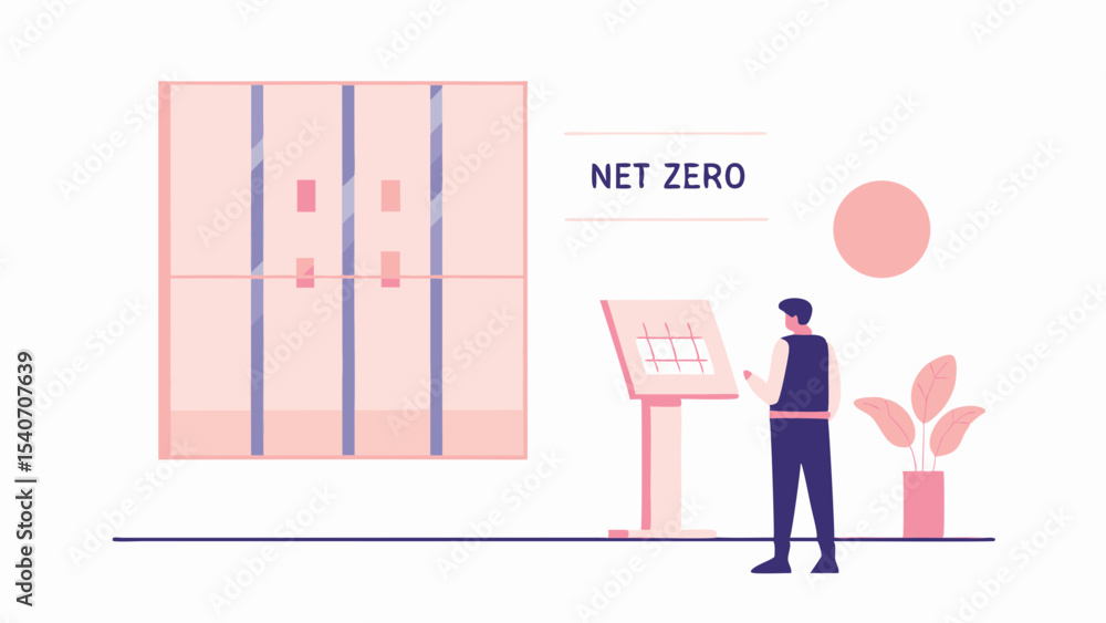 Poster illustration of a person standing near a display with the words net zero and a building structure